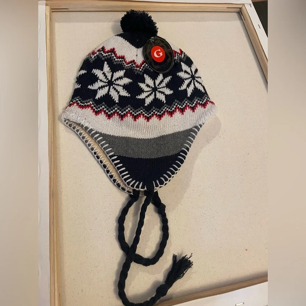 Kids Winter Knit Hat with Snowflake Fleece Lined Winter Trapper Hat Blue